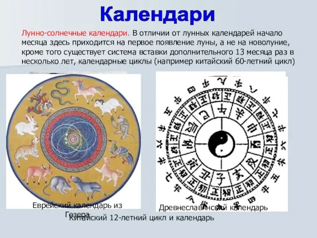 Лунно-солнечные календари. В отличии от лунных календарей начало месяца здесь приходится на