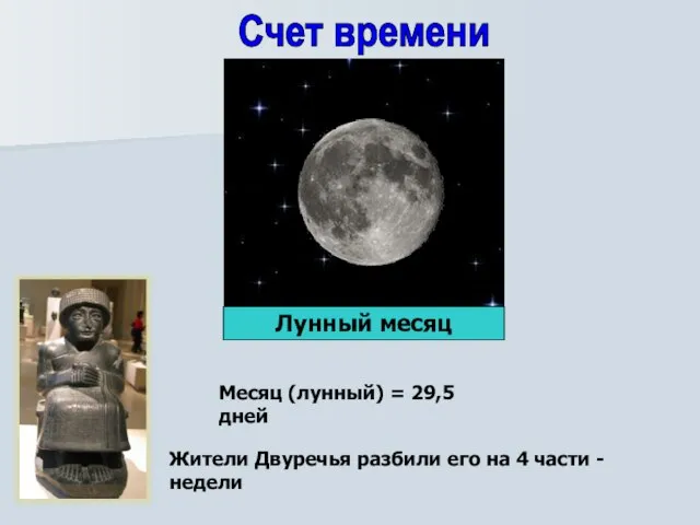 Счет времени Месяц (лунный) = 29,5 дней Жители Двуречья разбили его на