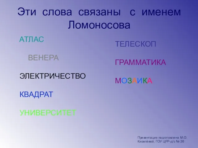 Эти слова связаны с именем Ломоносова АТЛАС ВЕНЕРА ЭЛЕКТРИЧЕСТВО КВАДРАТ УНИВЕРСИТЕТ ТЕЛЕСКОП