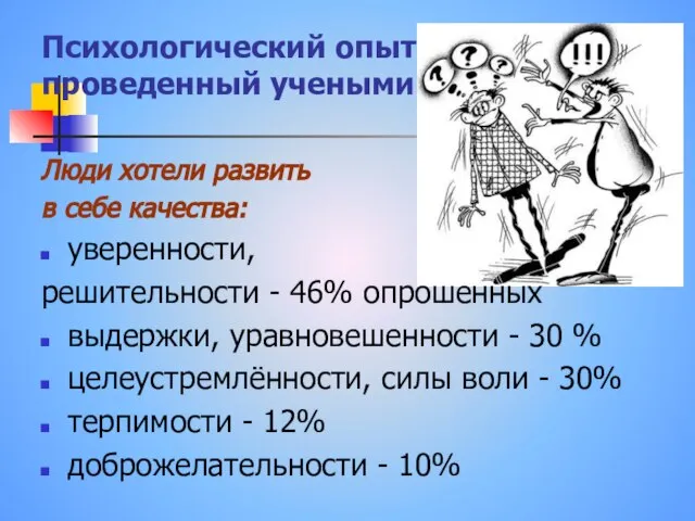 Психологический опыт проведенный учеными Люди хотели развить в себе качества: уверенности, решительности