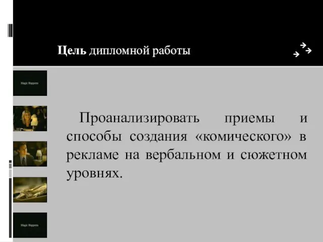 Цель дипломной работы Проанализировать приемы и способы создания «комического» в рекламе на вербальном и сюжетном уровнях.