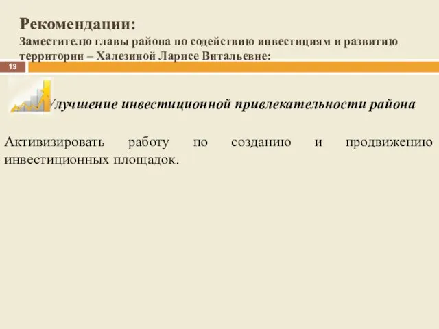 Улучшение инвестиционной привлекательности района Активизировать работу по созданию и продвижению инвестиционных площадок.