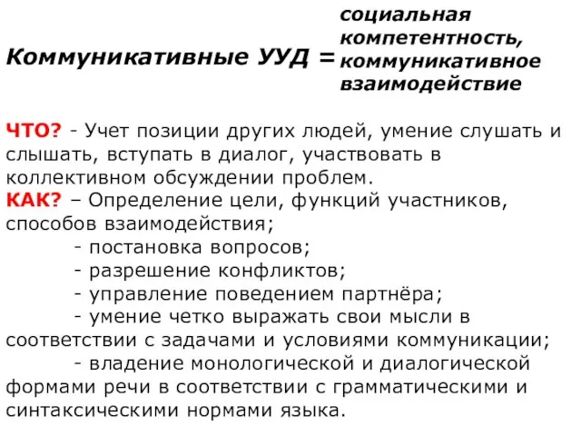 Коммуникативные УУД = ЧТО? - Учет позиции других людей, умение слушать и