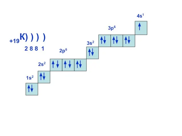 1s2 +19К) ) ) 2 8 8 1 2s2 2р6 3s2 4s1 3р6 )