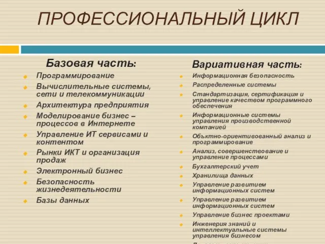 ПРОФЕССИОНАЛЬНЫЙ ЦИКЛ Базовая часть: Программирование Вычислительные системы, сети и телекоммуникации Архитектура предприятия