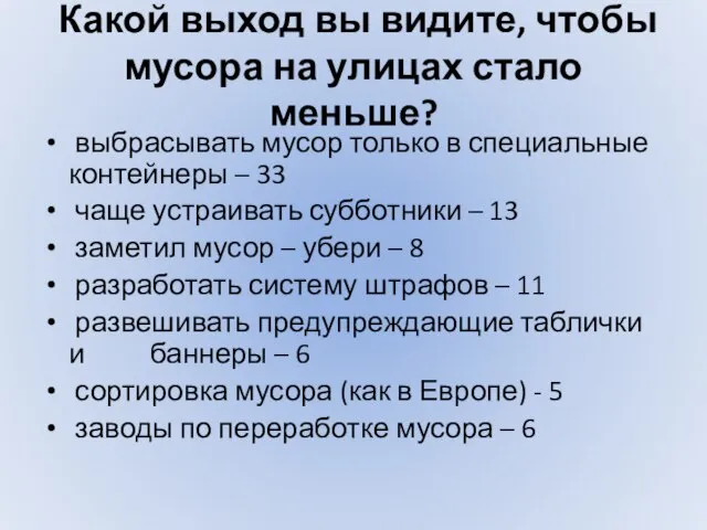 Какой выход вы видите, чтобы мусора на улицах стало меньше? выбрасывать мусор