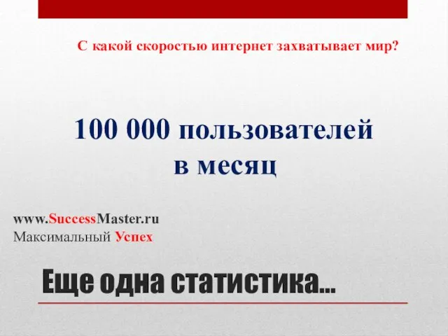 Еще одна статистика… С какой скоростью интернет захватывает мир? www.SuccessMaster.ru Максимальный Успех