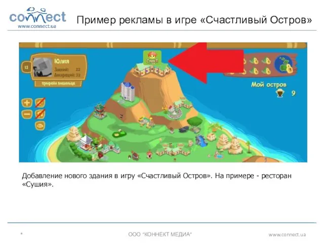 * ООО “КОННЕКТ МЕДИА” www.connect.ua Пример рекламы в игре «Счастливый Остров» Добавление