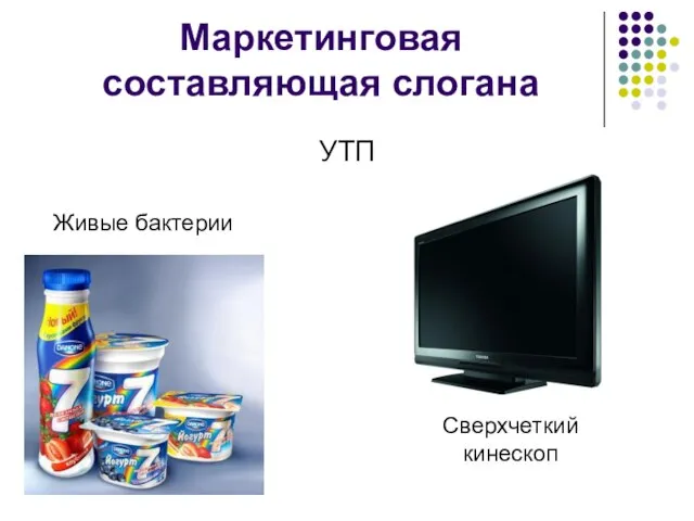 Маркетинговая составляющая слогана УТП Сверхчеткий кинескоп Живые бактерии