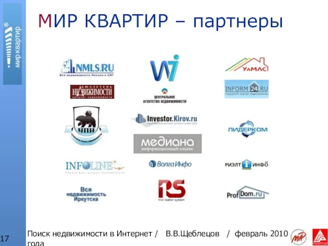 Поиск недвижимости в Интернет / В.В.Щеблецов / февраль 2010 года МИР КВАРТИР – партнеры