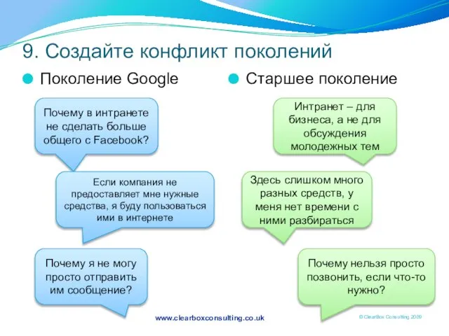 9. Создайте конфликт поколений Поколение Google Старшее поколение Почему в интранете не