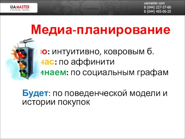 Медиа-планирование Было: интуитивно, ковровым б. Сейчас: по аффинити Начинаем: по социальным графам