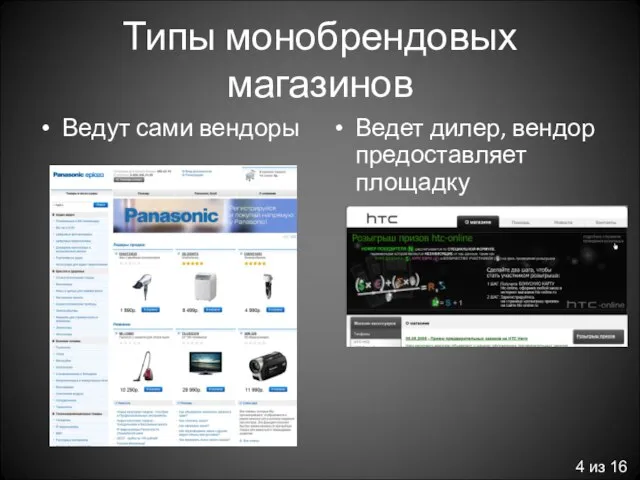 Типы монобрендовых магазинов Ведут сами вендоры Ведет дилер, вендор предоставляет площадку 4 из 16