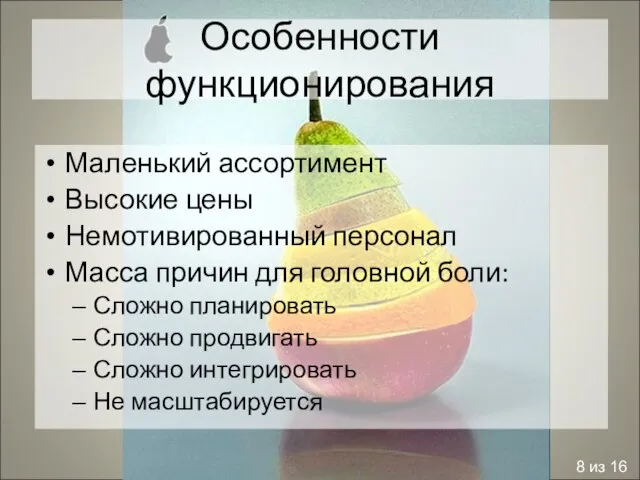 Особенности функционирования Маленький ассортимент Высокие цены Немотивированный персонал Масса причин для головной