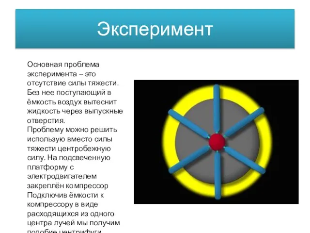 Эксперимент Основная проблема эксперимента – это отсутствие силы тяжести. Без нее поступающий