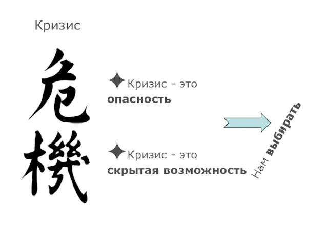 Кризис ✦Кризис - это скрытая возможность Нам выбирать ✦Кризис - это опасность