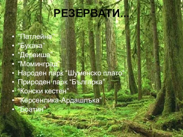 РЕЗЕРВАТИ... “Патлейна” “Букака” “Дервиша” “Моминград” Народен парк “Шуменско плато“ Природен парк “Българка” “Конски кестен” “Керсенлика-Ардашлъка” “Боатин”