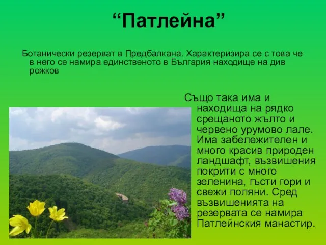 “Патлейна” Ботанически резерват в Предбалкана. Характеризира се с това че в него