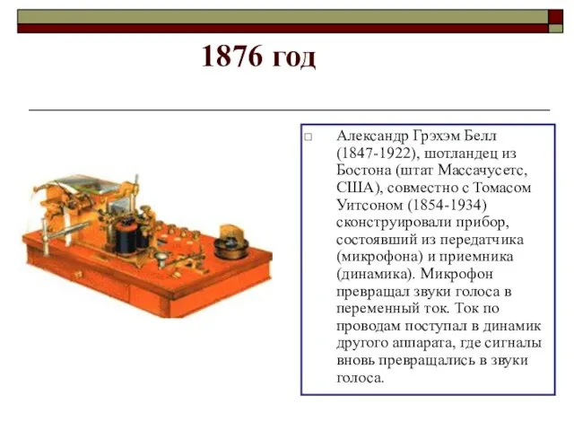 1876 год Александр Грэхэм Белл (1847-1922), шотландец из Бостона (штат Массачусетс, США),