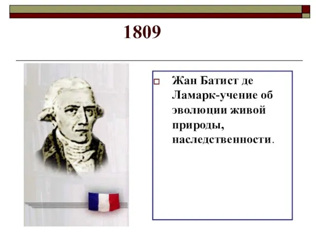 1809 Жан Батист де Ламарк-учение об эволюции живой природы, наследственности.