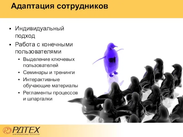 Адаптация сотрудников Индивидуальный подход Работа с конечными пользователями Выделение ключевых пользователей Семинары