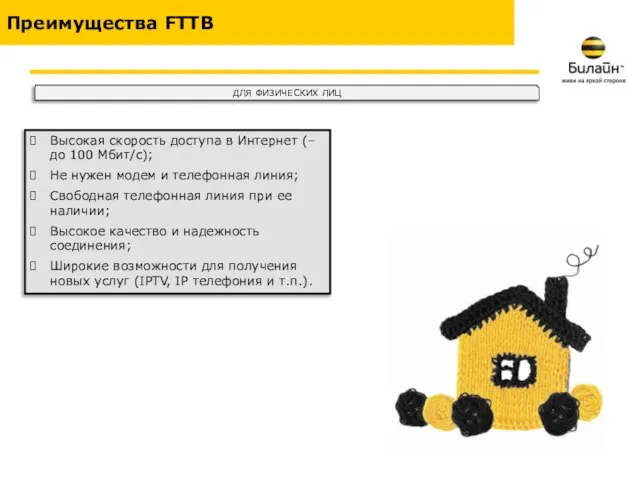 Преимущества FTTB ДЛЯ ФИЗИЧЕСКИХ ЛИЦ Высокая скорость доступа в Интернет (– до