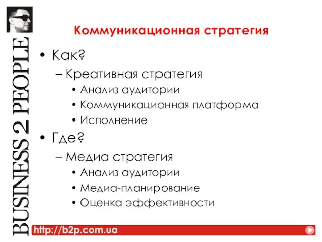 Коммуникационная стратегия Как? Креативная стратегия Анализ аудитории Коммуникационная платформа Исполнение Где? Медиа