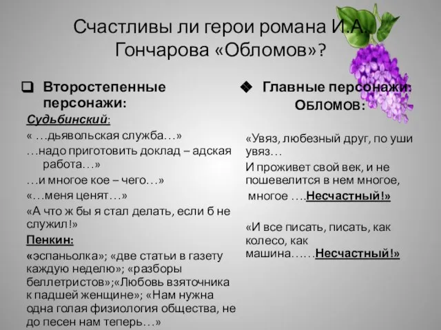 Счастливы ли герои романа И.А.Гончарова «Обломов»? Второстепенные персонажи: Судьбинский: « …дьявольская служба…»