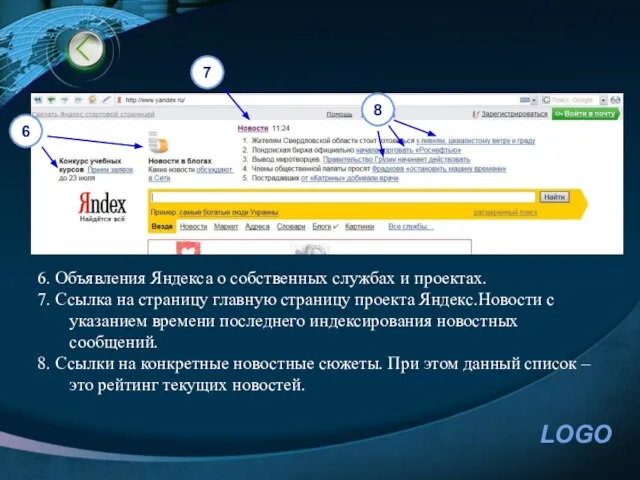 6 7 8 6. Объявления Яндекса о собственных службах и проектах. 7.