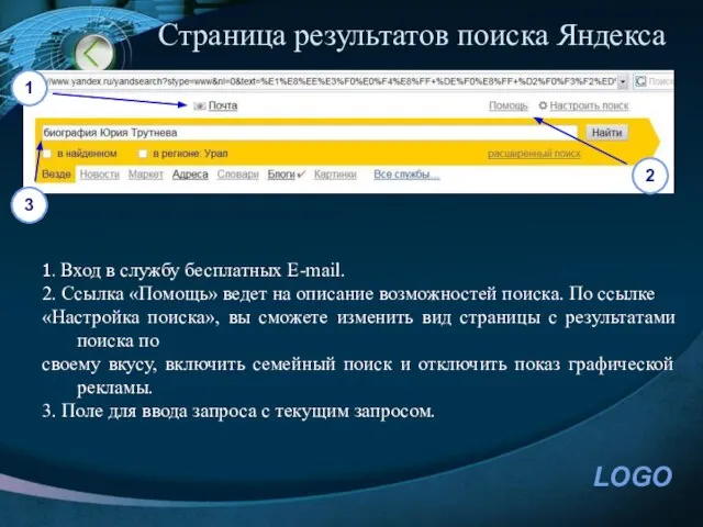 1. Вход в службу бесплатных E-mail. 2. Ссылка «Помощь» ведет на описание