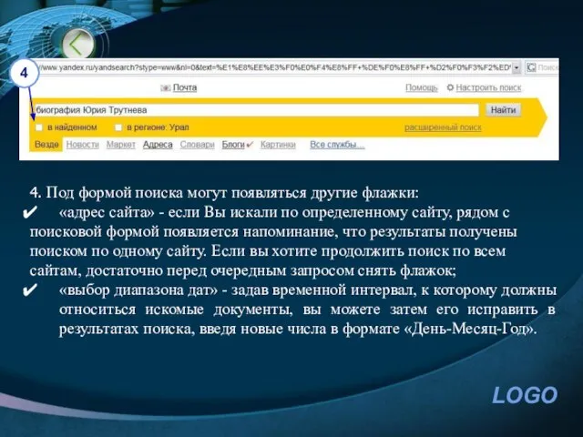 4. Под формой поиска могут появляться другие флажки: «адрес сайта» - если