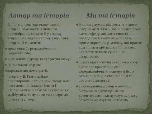 Автор та історія В. Гюго з повагою ставиться до історії і намагається