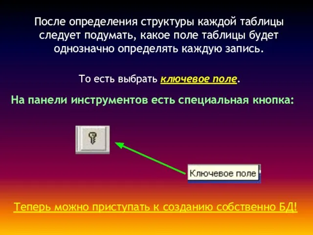 После определения структуры каждой таблицы следует подумать, какое поле таблицы будет однозначно