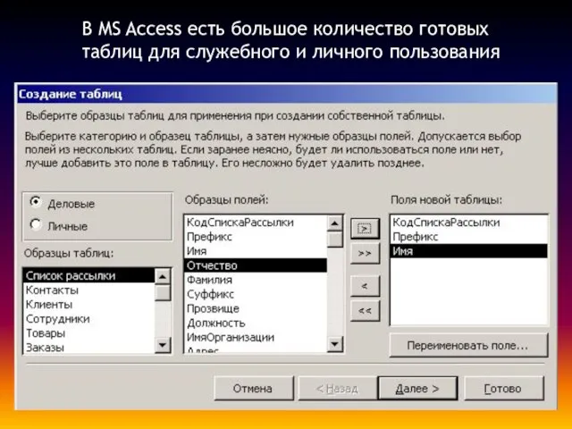 В MS Access есть большое количество готовых таблиц для служебного и личного пользования