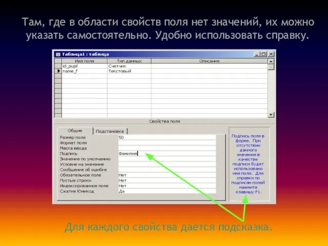 Там, где в области свойств поля нет значений, их можно указать самостоятельно.