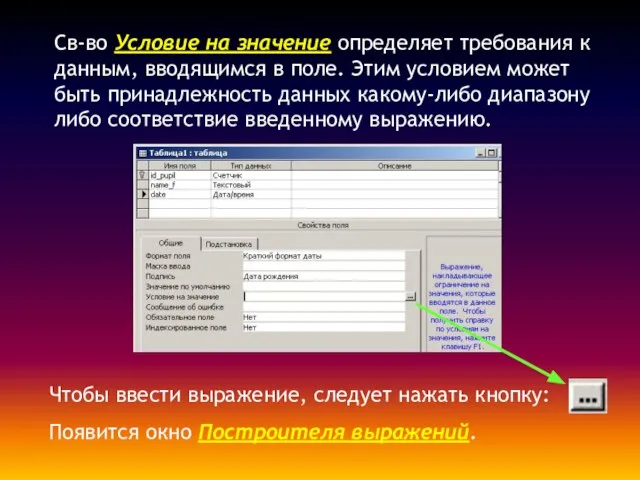 Св-во Условие на значение определяет требования к данным, вводящимся в поле. Этим