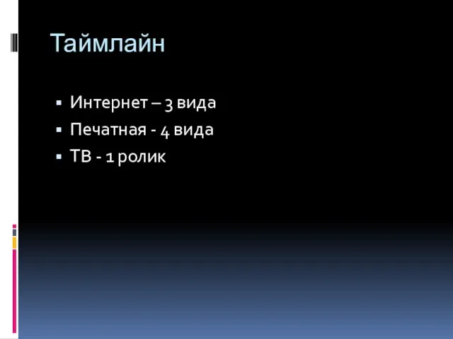 Таймлайн Интернет – 3 вида Печатная - 4 вида ТВ - 1 ролик