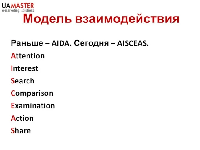 Модель взаимодействия Раньше – AIDA. Сегодня – AISCEAS. Attention Interest Search Comparison Examination Action Share
