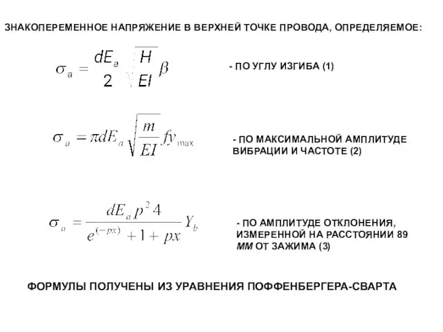 ЗНАКОПЕРЕМЕННОЕ НАПРЯЖЕНИЕ В ВЕРХНЕЙ ТОЧКЕ ПРОВОДА, ОПРЕДЕЛЯЕМОЕ: - ПО УГЛУ ИЗГИБА (1)