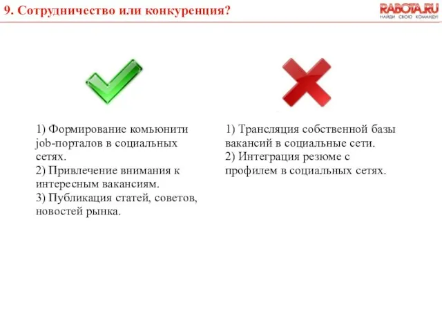 1) Формирование комьюнити job-порталов в социальных сетях. 2) Привлечение внимания к интересным