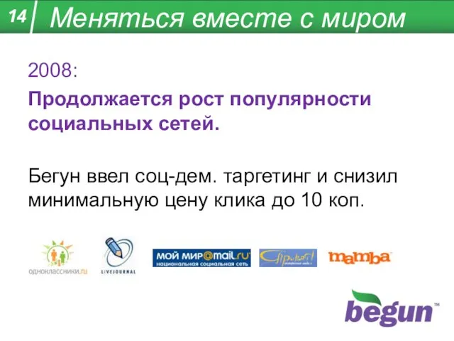 Меняться вместе с миром 2008: Продолжается рост популярности социальных сетей. Бегун ввел