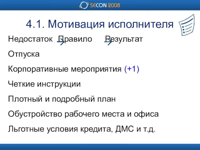 4.1. Мотивация исполнителя Недостаток Правило Результат Отпуска Корпоративные мероприятия (+1) Четкие инструкции