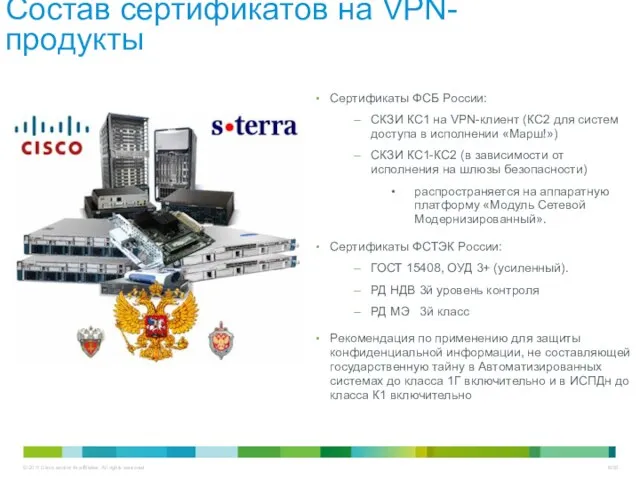 Состав сертификатов на VPN-продукты Сертификаты ФСБ России: СКЗИ КС1 на VPN-клиент (КС2