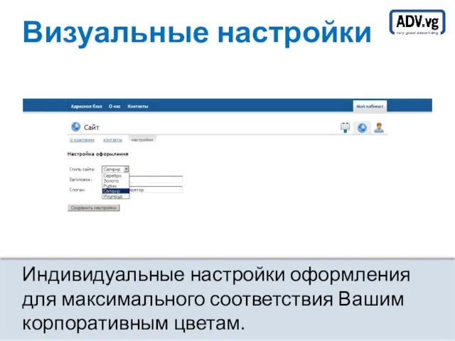 Визуальные настройки Индивидуальные настройки оформления для максимального соответствия Вашим корпоративным цветам.