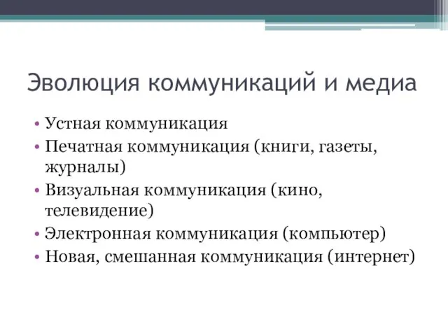 Эволюция коммуникаций и медиа Устная коммуникация Печатная коммуникация (книги, газеты, журналы) Визуальная