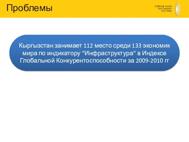 Проблемы Кыргызстан занимает 112 место среди 133 экономик мира по индикатору “Инфраструктура“