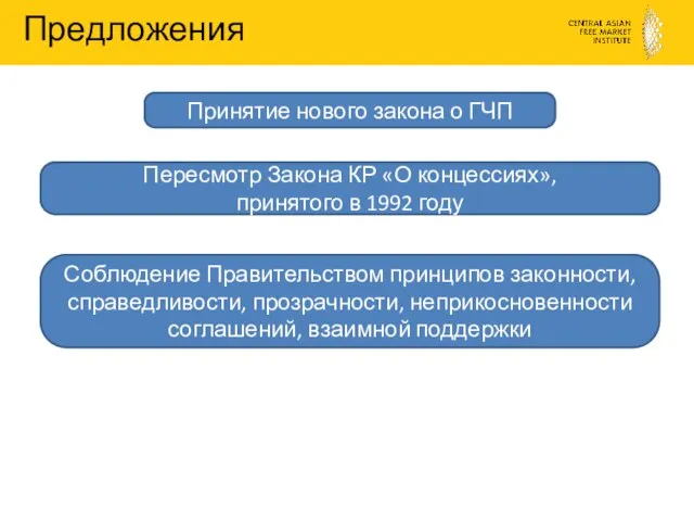 Предложения Принятие нового закона о ГЧП Пересмотр Закона КР «О концессиях», принятого