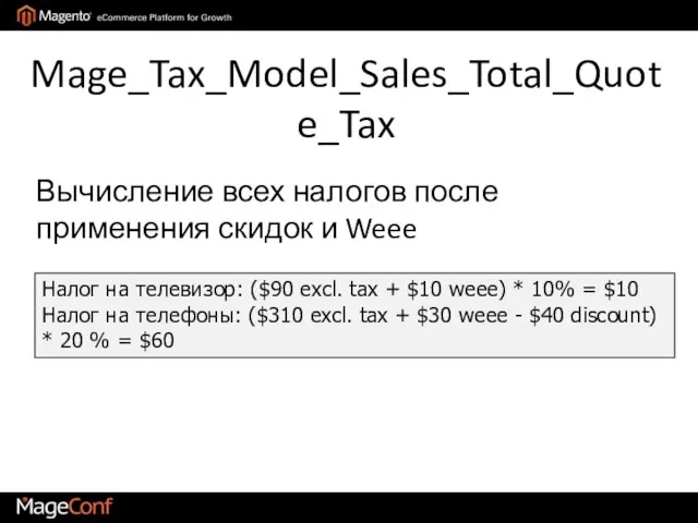 Mage_Tax_Model_Sales_Total_Quote_Tax Налог на телевизор: ($90 excl. tax + $10 weee) * 10%