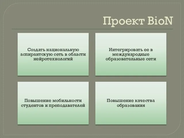 Проект BioN Создать национальную аспирантскую сеть в области нейротехнологий Интегрировать ее в