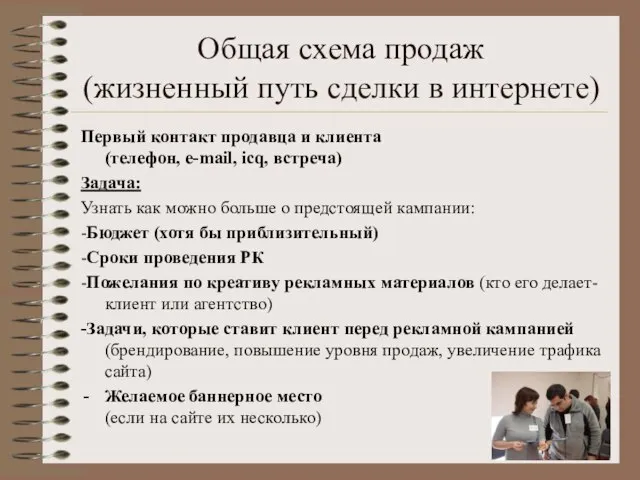 Общая схема продаж (жизненный путь сделки в интернете) Первый контакт продавца и